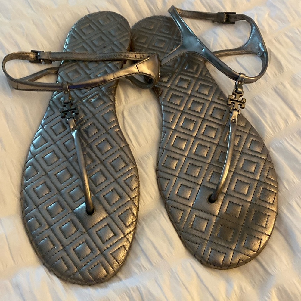 Tory Burch pewter sandal worn once. 8.5